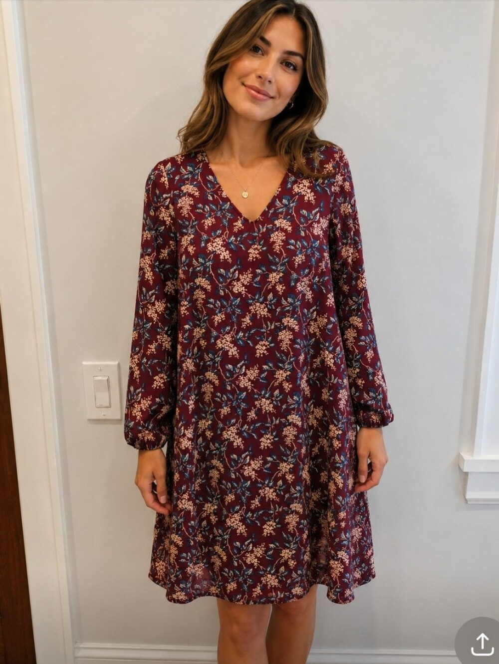 Madewell Burgundy Floral Long-Sleeve Shift Dress with Blue and Cream Accents